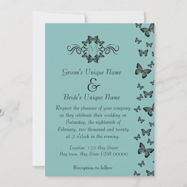 Emerald Butterflies Monogram Wedding Invitation (Front)