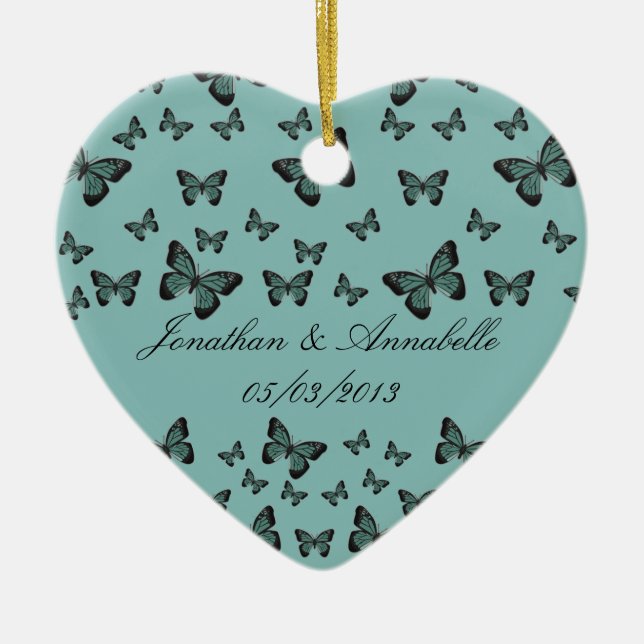 Emerald Butterflies Save The Date Keepsake Ceramic Ornament (Front)