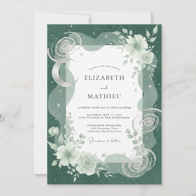 Emerald Celestial Lunar Eucalyptus Wedding Invitation (Front)