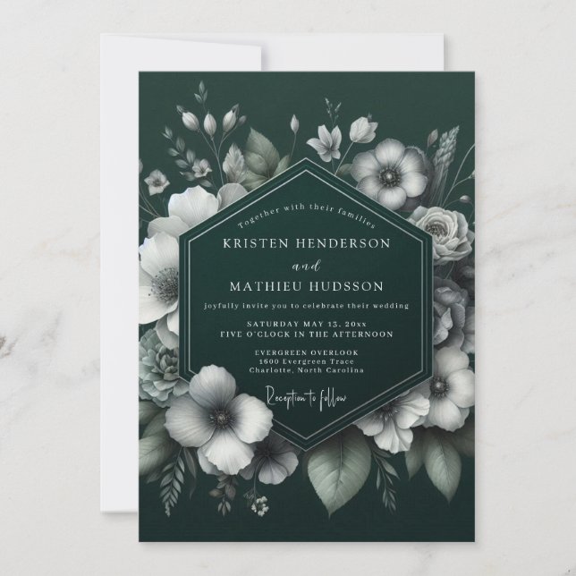 Emerald Chiaroscuro Bloom Wedding Invitation (Front)