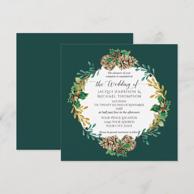 Emerald Christmas Watercolor Gold Pine Cone Wreath Invitation (Front/Back)