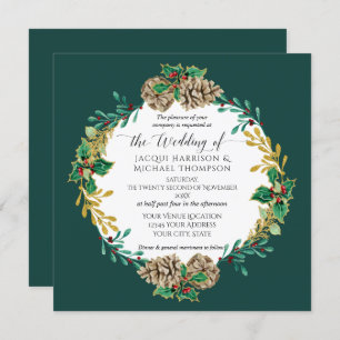 Emerald Christmas Watercolor Gold Pine Cone Wreath Invitation