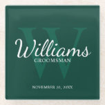 Emerald Classic Script Personalized Groomsmen Glass Coaster<br><div class="desc">Add a personal touch to your wedding with personalized groomsmen glass coaster. This coaster features personalized groomsman's name in white classic script font style with wedding details in white classic serif font style and monogram in light emerald green classic serif font style as background, on emerald green background. Also perfect...</div>