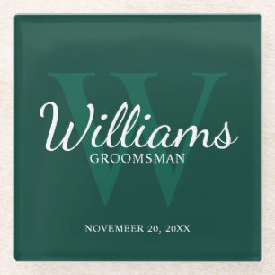 Emerald Classic Script Personalized Groomsmen Glass Coaster