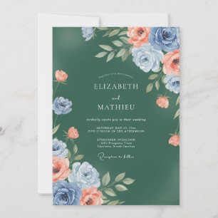 Emerald Coral Ranunculus Eucalyptus Wedding Invitation