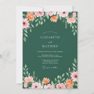 Emerald Coral Wildflower Wedding Invitation