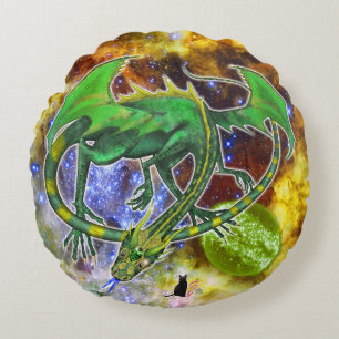 Emerald Cosmic Dragon  Round Pillow
