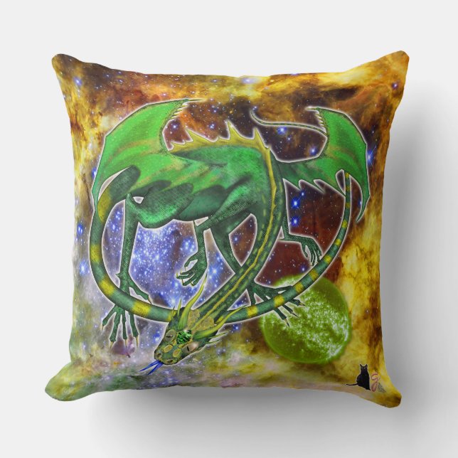 Emerald Cosmic Dragon Throw Pillow (Front)