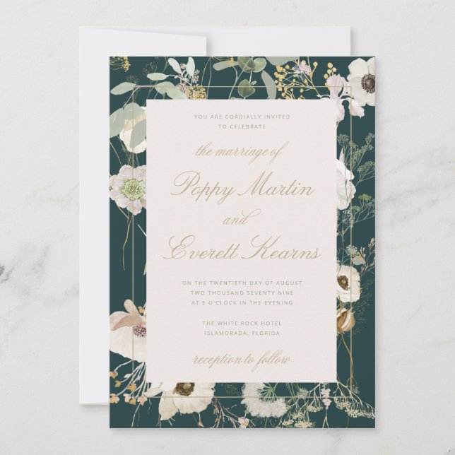 Emerald & Cream Floral Poppy Wedding Invitation (Devant)