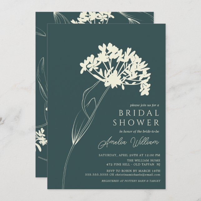 Emerald & Cream Modern Floral Bridal Shower Invitation (Front/Back)