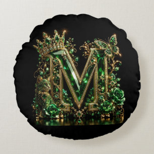 Emerald Crystal Letter M Royal Luxury Round Pillow
