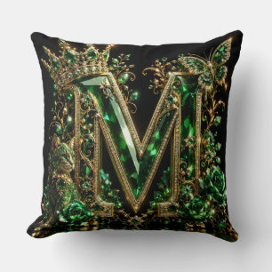 Emerald Crystal Letter M Royal Luxury Throw Pillow