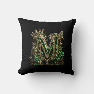 Emerald Crystal Letter M Royal Luxury Throw Pillow