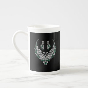 Emerald Crystal Swans   Luxury Jewellery Bone China Mug