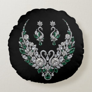 Emerald Crystal Swans Luxury Jewellery Round Pillow