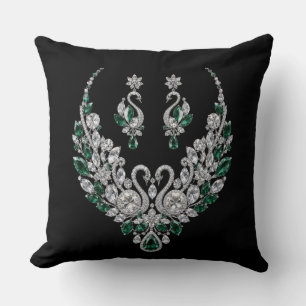 Emerald Crystal Swans Luxury Jewellery Throw Pillow