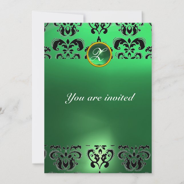 EMERALD DAMASK GEM STONE MONOGRAM green black Invitation (Front)