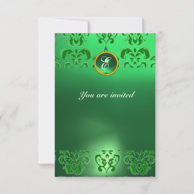 EMERALD DAMASK GEM STONE MONOGRAM green Invitation (Front)