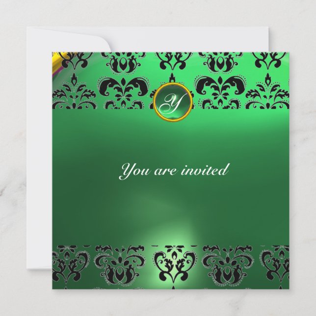 EMERALD DAMASK GEM STONE MONOGRAM green Invitation (Front)