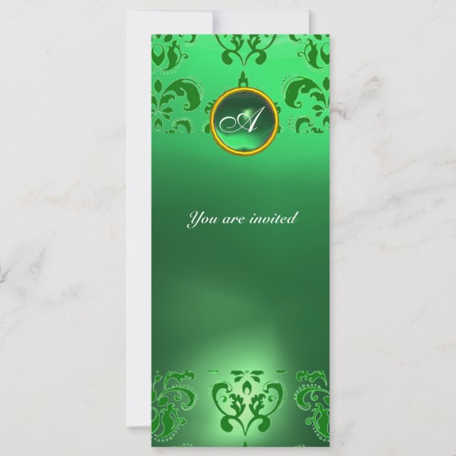 EMERALD DAMASK GEM STONE MONOGRAM green Invitation (Front)