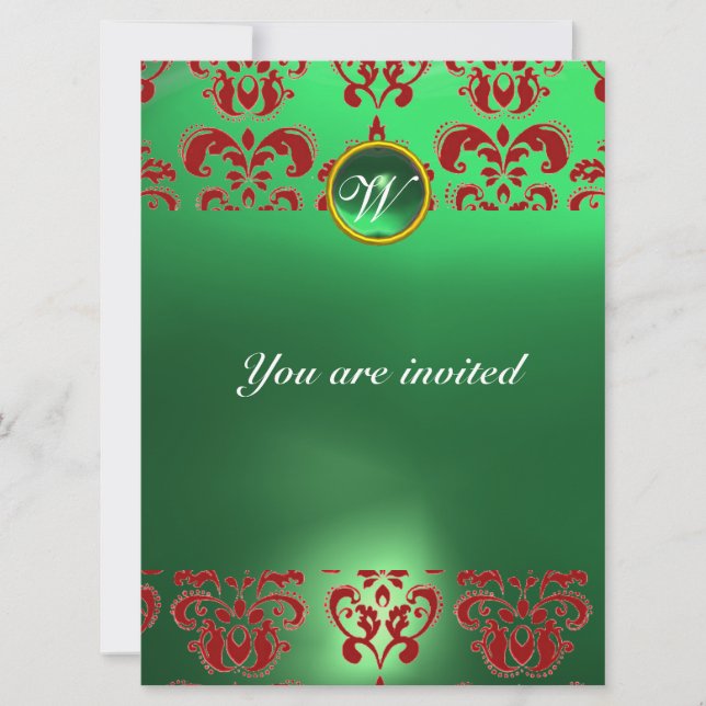 EMERALD DAMASK GEM STONE MONOGRAM green red Invitation (Front)