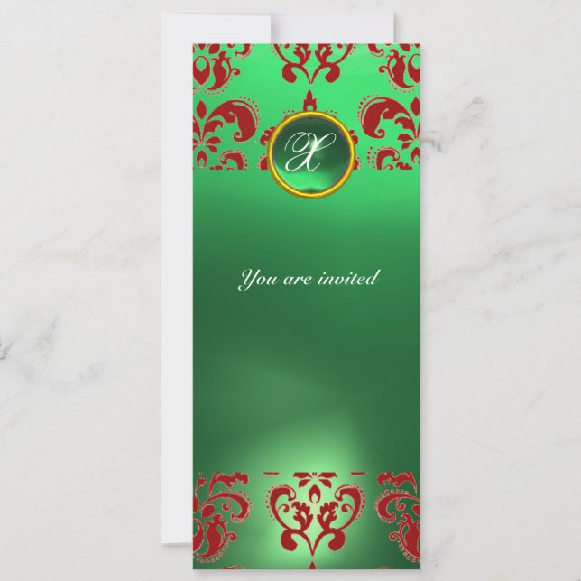 EMERALD DAMASK GEM STONE MONOGRAM green red Invitation (Front)