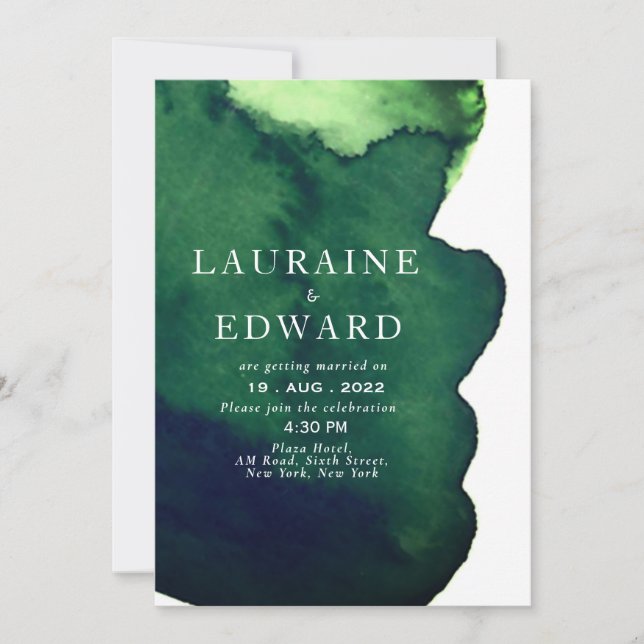 Emerald dark green watercolor minimalist abstract invitation (Front)