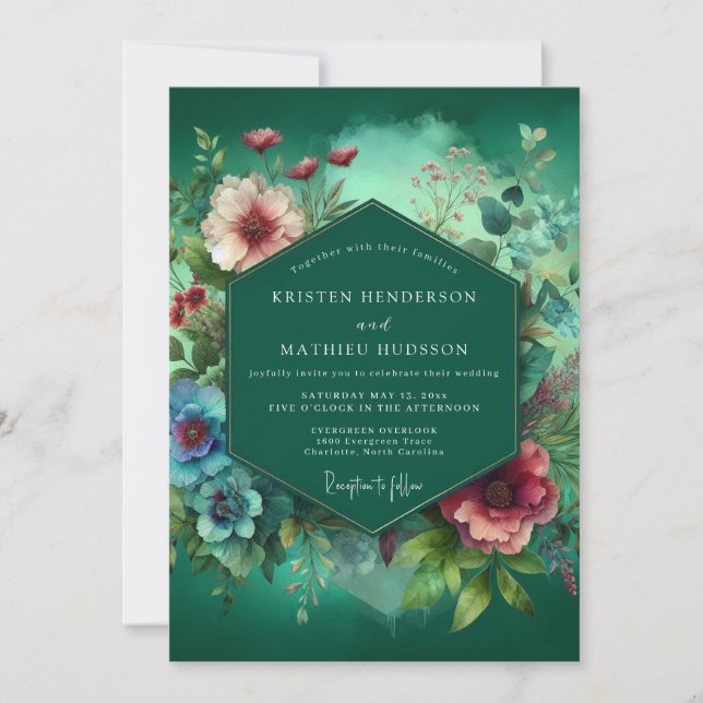 Emerald Deep Floral Opulence Wedding Invitation (Front)