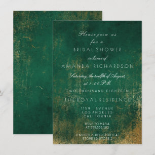 Emerald Deep Green Distressed Grungy Gold Bridal Invitation
