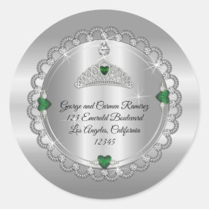 Emerald Diamond Crown Quinceañera Return Address Classic Round Sticker