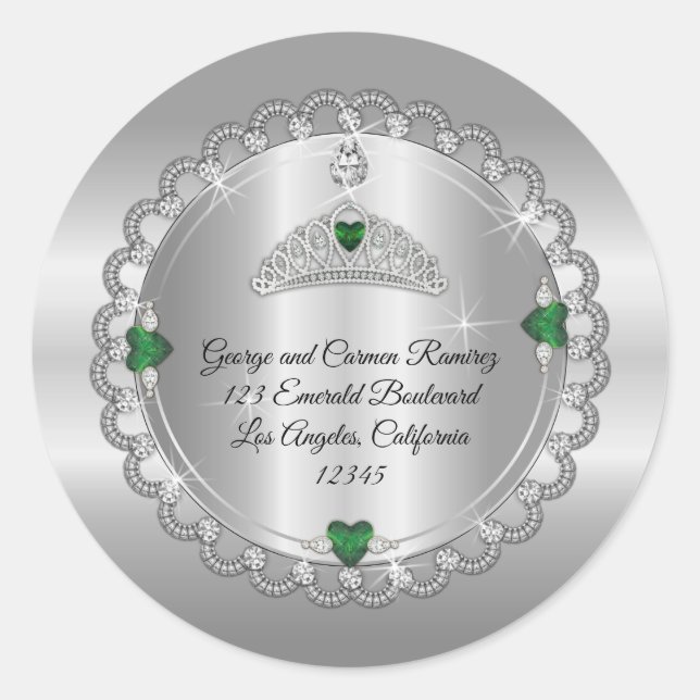 Emerald | Diamond Crown Quinceañera Return Address Classic Round Sticker (Front)