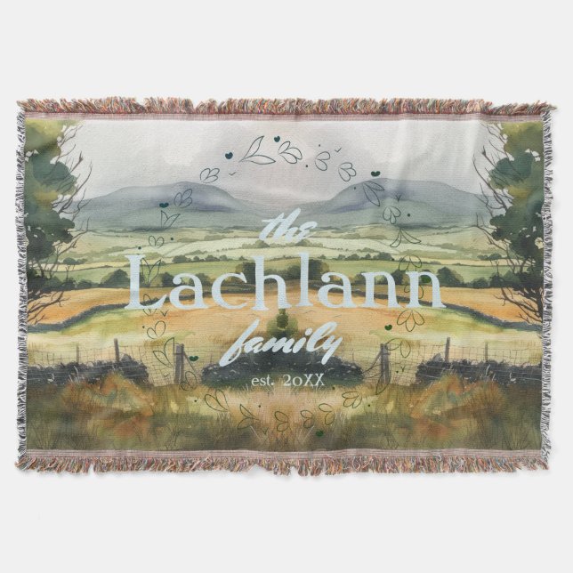 Emerald Dreams: Irish Countryside Watercolor Throw Blanket (Front)