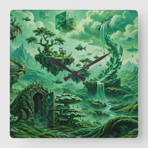 Emerald Dreams Surreal Landscape Shades of Green Square Wall Clock