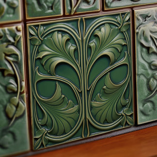 Emerald Elegance Art Nouveau Ceramic Tile