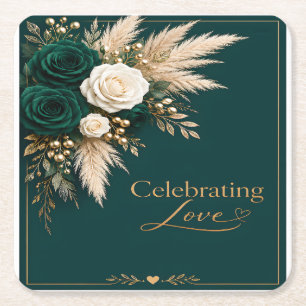 Emerald Elegance: "Celebrating Love" Wedding  Square Paper Coaster