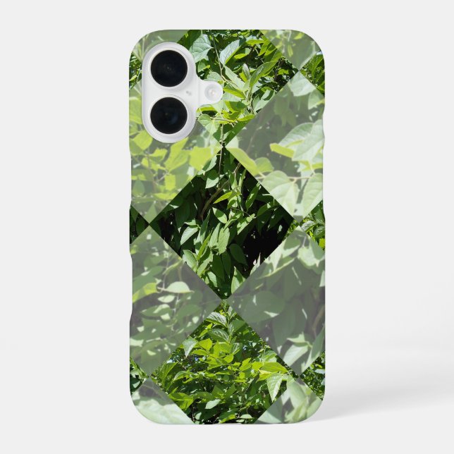 Emerald Elegance: Green Leaves in Diamond Cut, iPhone 16 Case (Back)