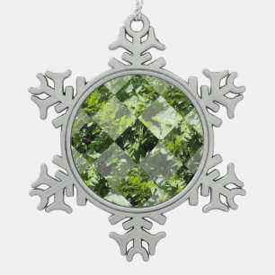 Emerald Elegance: Green Leaves in Diamond Cut, Snowflake Pewter Christmas Ornament