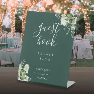 Emerald Elegant Floral Greenery Guest Book Pedestal Sign