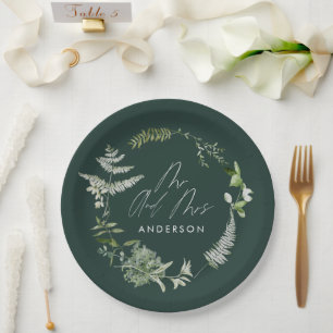 Emerald elegant modern botanical script wedding paper plate