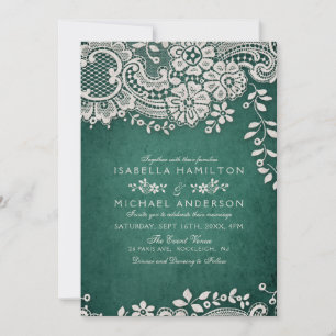 Emerald elegant vintage lace rustic wedding invitation