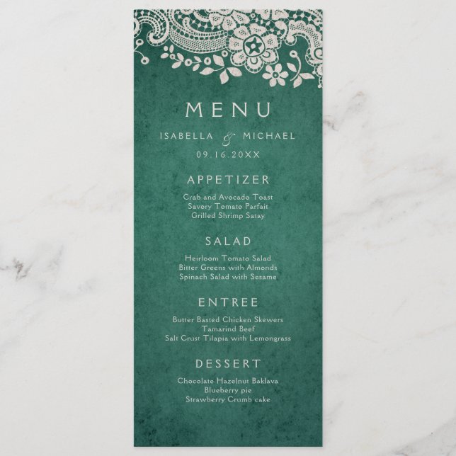Emerald elegant vintage lace rustic wedding menu (Front)