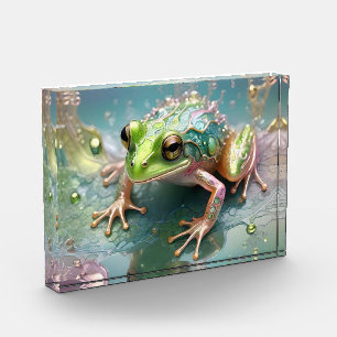 "Emerald Essence: Green Frog in Fractal Art" Photo Block
