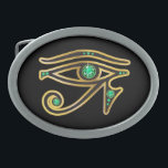 Emerald Eye of Ra in Gold Belt Buckle<br><div class="desc">Beautiful and elegant "Eye of Ra" symbol from ancient Egypt, the symbol of their diety. Gold channels set with beautiful precious stones, perfect for any fan of Egyptian art. Change the background colour by going to Customize it, then Edit, then down to Background, where you can choose from many different...</div>