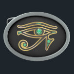 Emerald Eye of Ra in Gold Belt Buckle<br><div class="desc">Beautiful and elegant "Eye of Ra" symbol from ancient Egypt, the symbol of their diety. Gold channels set with beautiful precious stones, perfect for any fan of Egyptian art. Change the background colour by going to Customize it, then Edit, then down to Background, where you can choose from many different...</div>