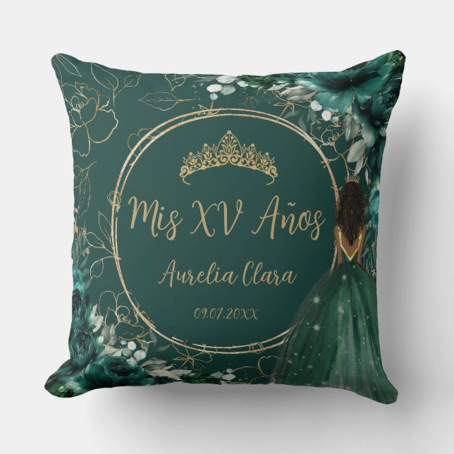 Emerald Floral Brown Princess Quinceañera Keepsake Throw Pillow (Front)