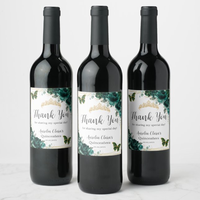 Emerald Floral Gold Butterflies Quinceañera Favour Wine Label (Bottles)