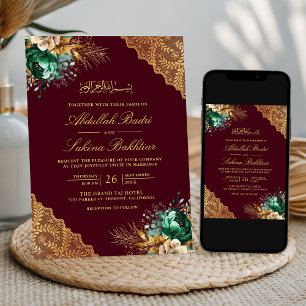 Emerald Floral Gold Lace Burgundy Muslim Wedding Invitation