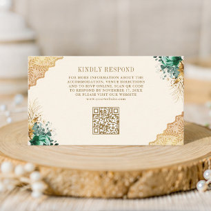 Emerald Floral Gold Lace Cream Wedding QR Code Enclosure Card