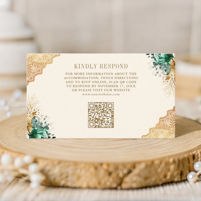 Emerald Floral Gold Lace Cream Wedding QR Code Enclosure Card (Creator Uploaded)