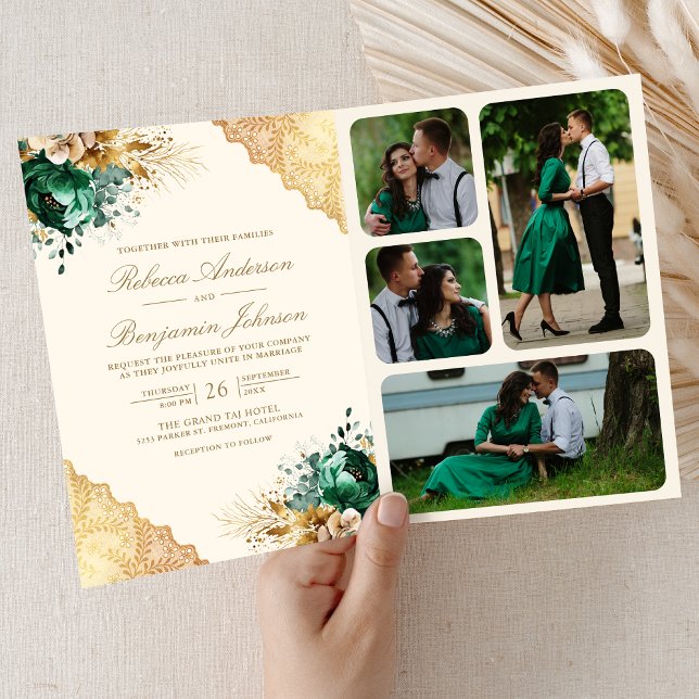 Emerald Floral Gold Lace QR code Cream Wedding Invitation (Creator Uploaded)